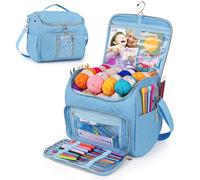 Aeelike Grand sac de tricot et de crochet pour le rangement de la laine et des aiguilles, sac de fil avec trous et crochet de suspension, sac portable de crochet et de tricot pour voyage, bleu