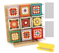 Aeelike Grande Planche de Blocage en Bois, 29×29cm Granny Quare Square Blocking Board avec 20 Aiguilles en acier, 1 Boîte de rangement Jaune, 1 Support de Stockage et Support de Base