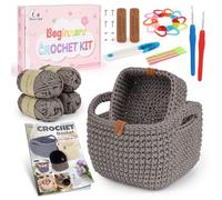 Aeelike Kit Crochet Debutant Complet Français, 2 pcs Kit de Crochet DIY pour Carré Paniers, Comprend du 4 pelotes de Fill, des Crochets, Accessoires, des et Instructions - Camel Foncé