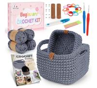 Aeelike Kit Crochet Debutant Complet Français, 2 pcs Kit de Crochet DIY pour Carré Paniers, Comprend du 4 pelotes de Fill, des Crochets, Accessoires, des et Instructions - Gris foncé