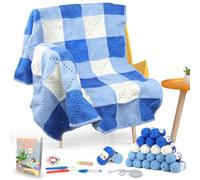 Aeelike Kit de Crochet Granny Square pour Débutants avec Crochets 4,5 mm et 4,0 mm, Fil à Crocheter 5 ply, Accessoires, Kit Crochet avec Instructions Étape par Étape, Carreaux Bleus et Blancs