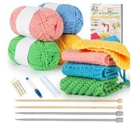Aeelike Kit de tricot pour débutants, kit complet de crochet pour débutants, facile avec ensemble d'aiguilles à tricoter, fil de coton, chiffon à vaisselle avec instructions étape par étape (français