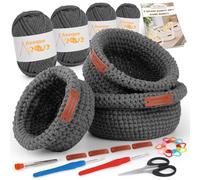 Aeeque Lot de 3 paniers à crochet ronds avec instructions en allemand pour adultes, crochet pour paniers, fil textile pour crochet, sac à crochet, kit complet avec accessoires, gris