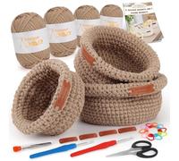 Aeeque Lot de 3 paniers à crochet, ronds, avec instructions en allemand pour adultes, crochet pour paniers, bricolage, fil textile pour crochet, sac à crochet, kit complet avec accessoires, kaki