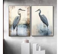 AEFOUU Affiche aquarelle rétro représentant un héron bleu, oiseau des marais, style minimaliste, sur toile (60x80cm sans cadre) Décoration murale idéale pour une maison de style bord de mer