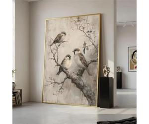 AEFOUU Affiche vintage d'oiseaux anciens, style rustique, toile peinte représentant des moineaux, décoration murale neutre, impression style ferme, tableau (70x100cm avec cadre)