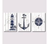 AEFOUU Ensemble de 3 affiches murales sur toile à thème nautique : phare, ancre, boussole Décoration idéale pour une maison ou un salon de style bord de mer 60x90cm Cadre intérieur