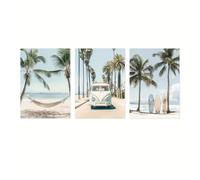 AEFOUU Ensemble de 3 tableaux muraux tropicaux sur le thème du surf, affiche photo de plage, imprimé palmiers et océan, décoration murale bleue estivale (50 x 70 cm/cadre intérieur)