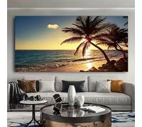 AEFOUU Impression sur toile, affiche d'art moderne, coucher de soleil sur la plage, décoration murale, grand tableau représentant des vagues, des palmiers et un paysage marin (60x120 cm, sans cadre)