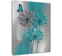 AEFOUU Impression sur toile représentant un pissenlit bleu sarcelle vibrant - Tableau mural abstrait moderne à motifs floraux et papillons pour salon et chambre à coucher 30 x 42 cm (12 x 17 po)