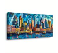 AEFOUU Tableau abstrait moderne en mosaïque représentant une ville - Impression sur toile encadrée représentant une skyline urbaine bleue et orange, idéale pour le salon (45 x 80 cm)