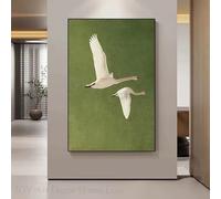 AEFOUU Tableau abstrait sur toile représentant deux cygnes en vol avec une texture de plumes réaliste sur fond vert Décoration murale moderne pour chambre (60 x 80 cm