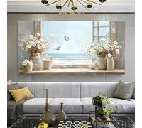 AEFOUU Tableau décoratif mural « Bouquet de fleurs dans un vase près de la fenêtre », sans vue sur la mer, avec papillons et fleurs blanches (70 x 140 cm, sans cadre) pour le salon