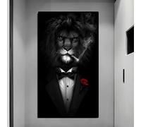 AEFOUU Tableau mural Lion sauvage noir en costume, affiches et impressions sur toile, lion abstrait fumant un cigare (50x75cm/cadre intérieur)