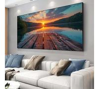 AEFOUU Tableau sur toile avec cadre noir, représentant un coucher de soleil serein sur un lac et une jetée en bois (45 x 90 cm), idéal pour décorer un salon ou une chambre