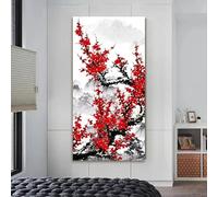 AEFOUU Tableau sur toile « Fleurs de prunier rouges », peinture à l'encre, affiche pour la maison, le bureau, le salon, la salle de coration d'art moderne (25x50 cm/cadre intérieur)