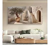AEFOUU Tableau sur toile représentant la maison d'un artiste, idéal pour de grandes affiches murales pour salon, véranda, oasis désertiques avec oliviers et escaliers (60 x 120cm/cadre intérieur)