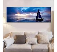 AEFOUU Tableau sur toile représentant un bateau sur fond de mer bleue à l'horizon, affiche et impression murale pour le salon, décoration intérieure (20x60 cm/cadre intérieur)