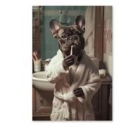AEFOUU Tableau sur toile représentant un bouledogue français espiègle en peignoir se brossant les dents - Décoration pour la maison ou l'hôtel - Affiche animalière pour salle de bain (80x110cm