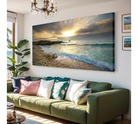 AEFOUU Tableau sur toile représentant un coucher de soleil sur la plage avec des vagues bleues et un océan Grande œuvre d'art moderne, tableau contemporain pour la décoration murale de votre maison