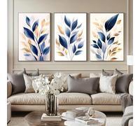 AEFOUU Triptyque imprimé de 3 feuilles bleues et dorées sur toile, affiche décorative (40 x 60 cm, sans cadre), motif végétal simple