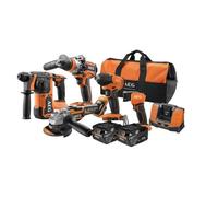 AEG - Combo 5 outils : Perceuse percu., Perforateur, Visseuse à chocs, Meuleuse 125mm, Lampe, 2 batt. 5 Ah HD, sac - JP18B5LI-502B