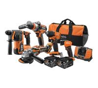 Pack 5 outils AEG sans fil 18V - perceuse, visseuse a chocs, scie circulaire et sabre +2 batteries 4Ah, chargeur et sac