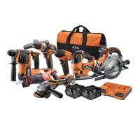 AEG - Combo 7 outils : Perceuse percu., Perforateur, Visseuse à chocs, Meuleuse 125mm, Scies, 2 batteries 5 Ah HD, sac - JP18B6-502B