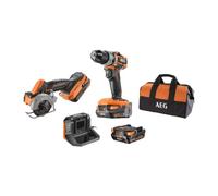 AEG - Duo Brushless : Perceuse à percussion Brushless Subcompact 18V, mini scie multi-matériaux Brushless Subcompact 18V, 2 batteries 2,0 Ah, chargeur, sac - JP18A2SBL-202B