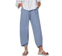 AEGJEGVD 2024 Pantalon Fluide Femme Décontracté Pantalon Large en Lin Élastiquée Taille avec Poches Hippie Pantalon 7/8 Pantacourt Été Chic et Elegant Léger Pants de Plage Grande Taille