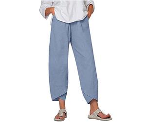 AEGJEGVD 2024 Pantalon Fluide Femme Décontracté Pantalon Large en Lin Élastiquée Taille avec Poches Hippie Pantalon 7/8 Pantacourt Été Chic et Elegant Léger Pants de Plage Grande Taille