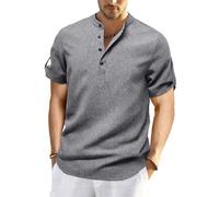AEGJEGVD 2025 Chemise à Manches Courtes en Lin et Coton pour Homme Bouton Manchette Décontracté Chemises Grande Taille Ample Chemisier Hommes Top de Plage Chemisier Respirant Haut Tops Shirt Pas Cher