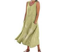 AEGJEGVD 2025 Robe Femme Lin Été Longue Robes Décontracté Couleur Unie Robes Ete Chic et Elegant Col V Robe Tunique Femmes Boheme Jupe Dress de Plage Linen Dresses d'été en Lin et Coton Pas Cher