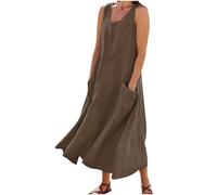 AEGJEGVD 2025 Robe Femme Lin Été Longue Robes Décontracté Couleur Unie Robes Ete Chic et Elegant Col V Robe Tunique Femmes Boheme Jupe Dress de Plage Linen Dresses d'été en Lin et Coton Pas Cher