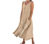 AEGJEGVD 2025 Robe Femme Lin Été Longue Robes Décontracté Couleur Unie Robes Ete Chic et Elegant Col V Robe Tunique Femmes Boheme Jupe Dress de Plage Linen Dresses d'été en Lin et Coton Pas Cher