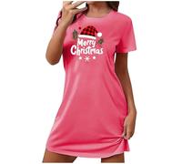 AEGJEGVD Chemise de Nuit de Noël Femme Chic et Elegante Robe Pull Casual Imprimé Noël Col Rond Pyjama Manches Longues Robes de Noel Femmes Christmas Dress Vêtements de Noel Femmes Cadeau