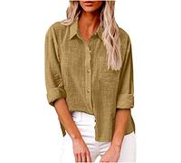 AEGJEGVD Chemise Femme Coton et Lin Chemisier Col en V Bouton Manches Longues Tops Chemisiers et Blouses Femmes Chic Elegant Respirant T-Shirts Grande Taille Pas Cher Coton Lin Tunique Blouse