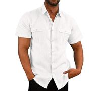 AEGJEGVD Chemise Lin Homme Manches Courtes Chemisier Décontractée Coton Chemises Hommes Couleur Unie Business Casual Bouton Shirts Regular Fit Chemisiers de Plage Leger Respirant Haut Tops Pas Cher