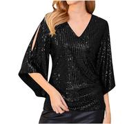 AEGJEGVD Femme Blouse à Paillettes Col Croisé en V Cache-Cœur Pailletté à Manches 3/4 à Taille Plissée Haut à Sequins Chic et Élégant Haut a Paillette Femme Soiree Disco Chemisier Tenue de Fete