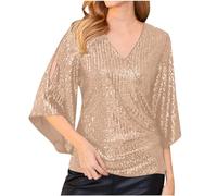 AEGJEGVD Femme Blouse à Paillettes Col Croisé en V Cache-Cœur Pailletté à Manches 3/4 à Taille Plissée Haut à Sequins Chic et Élégant Haut a Paillette Femme Soiree Disco Chemisier Tenue de Fete
