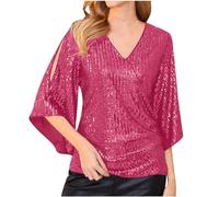 AEGJEGVD Femme Blouse à Paillettes Col Croisé en V Cache-Cœur Pailletté à Manches 3/4 à Taille Plissée Haut à Sequins Chic et Élégant Haut a Paillette Femme Soiree Disco Chemisier Tenue de Fete