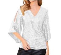 AEGJEGVD Femme Blouse à Paillettes Col Croisé en V Cache-Cœur Pailletté à Manches 3/4 à Taille Plissée Haut à Sequins Chic et Élégant Haut a Paillette Femme Soiree Disco Chemisier Tenue de Fete