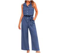 AEGJEGVD Femme Combinaison Ete Fluide Chic et Elegant Jumpsuit Col V Manche Courte Taille Haute Casual Combishort Été Long Pantalon Romper Mode Jumpsuit d'été Chic Élégant Slim Pantalon Jambes Larges