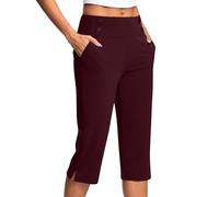 AEGJEGVD Pantalon Large Femme Été 3/4 Pantalon Capri Fluide Chic et Elegant Taille Haute Élastique Pantacourt Léger Respirant Jogging Pants de Plage avec Poches Pantalons de Survêtement Pas Cher