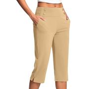 AEGJEGVD Pantalon Large Femme Été 3/4 Pantalon Capri Fluide Chic et Elegant Taille Haute Élastique Pantacourt Léger Respirant Jogging Pants de Plage avec Poches Pantalons de Survêtement Pas Cher