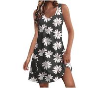 AEGJEGVD Robe Courte de Plage Femme Pas Cher Décontractée sans Manches Femmes col V Bohème Fleurie Mini Robe Imprimé Lâche Tunique Robes de Plage Cocktail Mariage Respirant Tunique Fluide Mid Dresses
