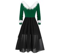 AEGJEGVD Robe de Noel Femme Longue Chic et élégante Robes Noël Femme Grande Taille Rouge Vintage Sapin Sexy Col V Manches Longues Mariage Cocktail Soirée Fête Cérémonie Christmas Dress Cadeau Femmes