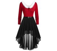 AEGJEGVD Robe de Noel Femme Longue Chic et élégante Robes Noël Femme Grande Taille Rouge Vintage Sapin Sexy Col V Manches Longues Mariage Cocktail Soirée Fête Cérémonie Christmas Dress Cadeau Femmes