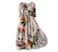 AEGJEGVD Robe en Coton et Lin pour Femmes Robes Décontractée à Manches 3/4 Printemps Robe Longue Décontractée Boho Robes Longues D'été pour la Plage Max Dress de Fête Grande Taille