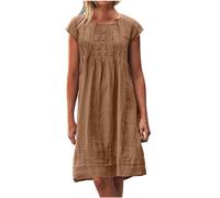 AEGJEGVD Robe Lin Femme Été Col Rond Robes Chic et Elegant Max Dress Manches Courtes Décontracté A-Linie Swing Robe de Plage Couleur Unie Léger et Respirant Robe Midi Longue Tunique Fluide Dresses